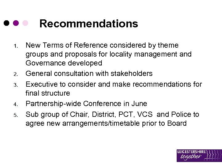 Recommendations 1. 2. 3. 4. 5. New Terms of Reference considered by theme groups