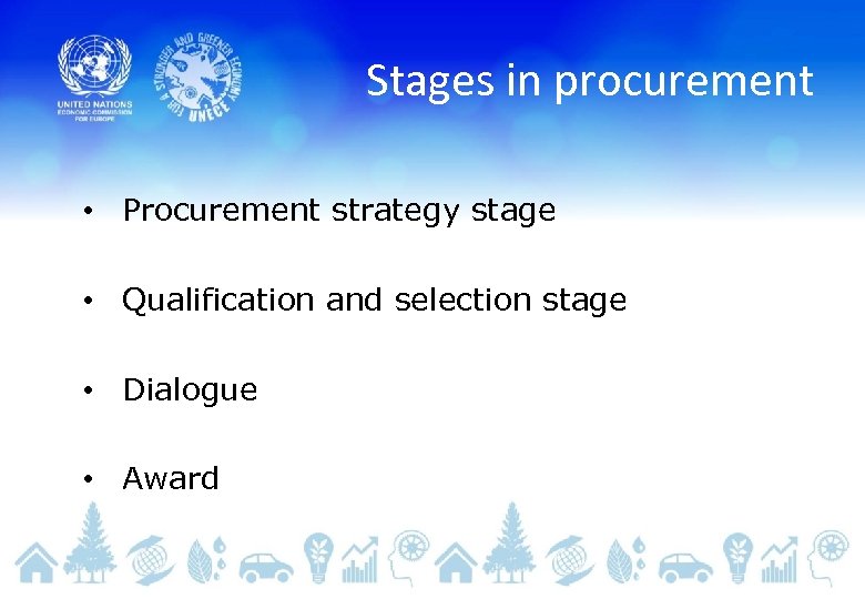 Stages in procurement • Procurement strategy stage • Qualification and selection stage • Dialogue