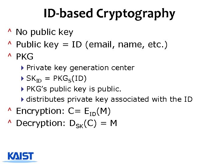 ID-based Cryptography ^ No public key ^ Public key = ID (email, name, etc.