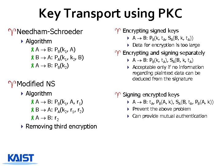 Key Transport using PKC ^Needham-Schroeder 4 Algorithm -A B: PB(k 1, A) -B A: