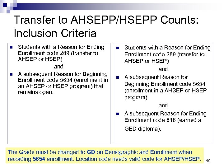 Transfer to AHSEPP/HSEPP Counts: Inclusion Criteria n n Students with a Reason for Ending