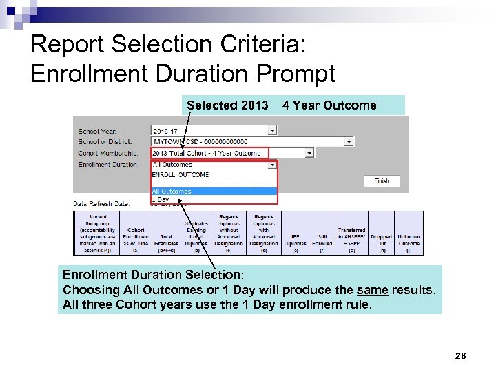 Report Selection Criteria: Enrollment Duration Prompt Selected 2013 4 Year Outcome Enrollment Duration Selection: