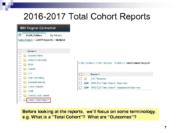 2016 -2017 Total Cohort Reports Before looking at the reports, we’ll focus on some