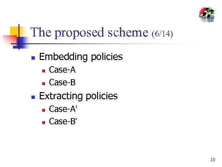 The proposed scheme (6/14) n Embedding policies n n n Case-A Case-B Extracting policies