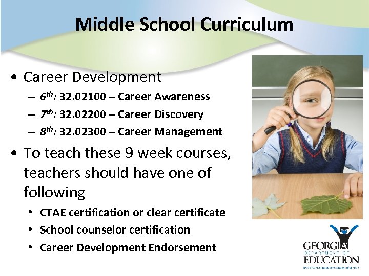 Middle School Curriculum • Career Development – 6 th: 32. 02100 – Career Awareness