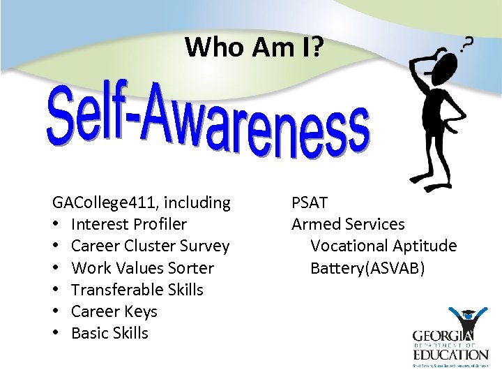 Who Am I? GACollege 411, including • Interest Profiler • Career Cluster Survey •
