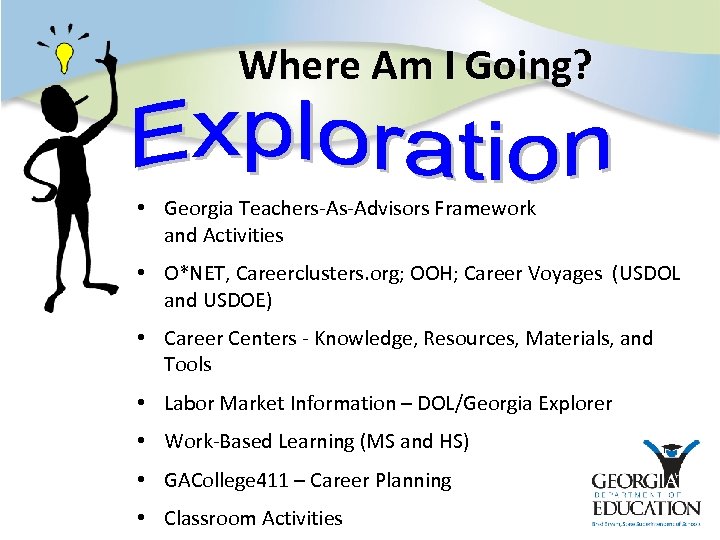 Where Am I Going? • Georgia Teachers-As-Advisors Framework and Activities • O*NET, Careerclusters. org;