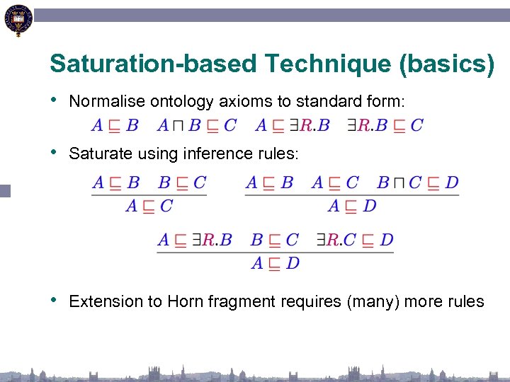Saturation-based Technique (basics) • Normalise ontology axioms to standard form: • Saturate using inference
