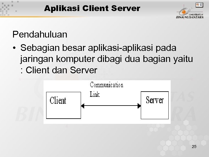 Aplikasi Client Server Pendahuluan • Sebagian besar aplikasi-aplikasi pada jaringan komputer dibagi dua bagian