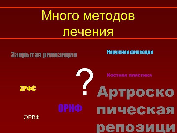 Много методов лечения Закрытая репозиция ЗРФС ? ОРНФ ОРВФ Наружная фиксация Костная пластика Артроско