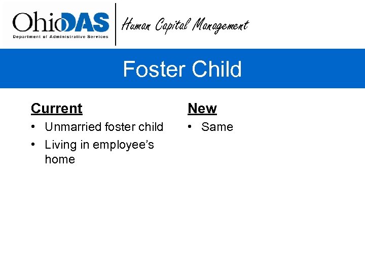 Human Capital Management Foster Child Current New • Unmarried foster child • Living in