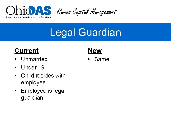Human Capital Management Legal Guardian Current New • Unmarried • Under 19 • Child