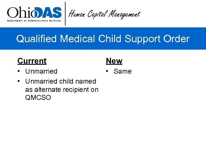 Human Capital Management Qualified Medical Child Support Order Current New • Unmarried child named