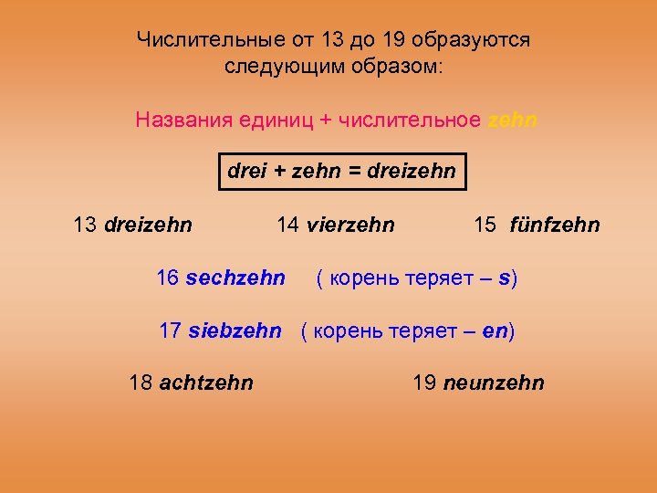 Числительные от 13 до 19 образуются следующим образом: Названия единиц + числительное zehn drei