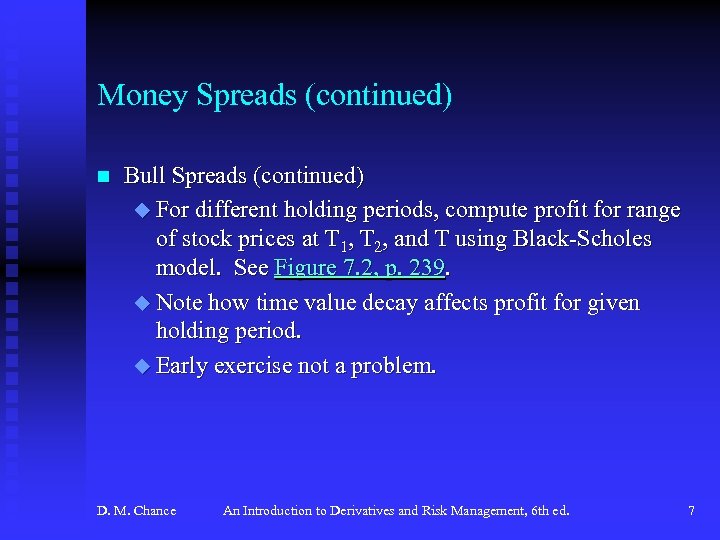 Money Spreads (continued) n Bull Spreads (continued) u For different holding periods, compute profit