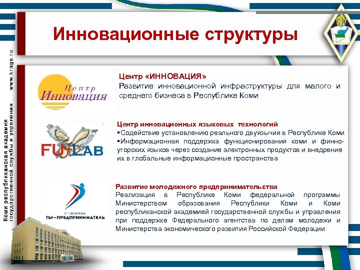 Инновационные структуры Центр «ИННОВАЦИЯ» Развитие инновационной инфраструктуры для малого и среднего бизнеса в Республике