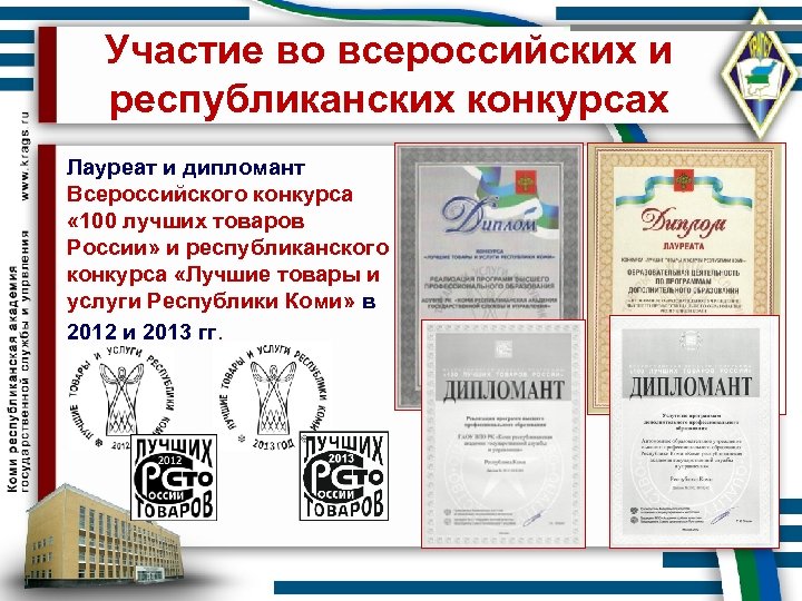 Участие во всероссийских и республиканских конкурсах Лауреат и дипломант Всероссийского конкурса « 100 лучших