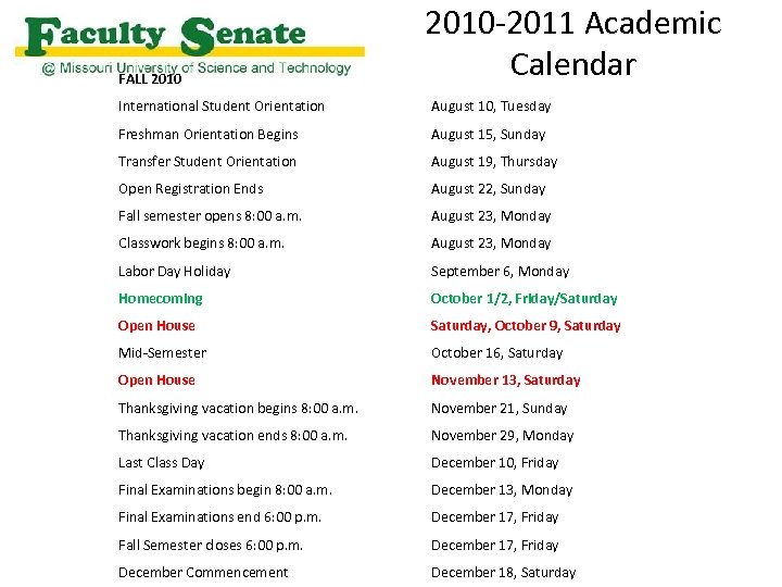 FALL 2010 -2011 Academic Calendar International Student Orientation August 10, Tuesday Freshman Orientation Begins