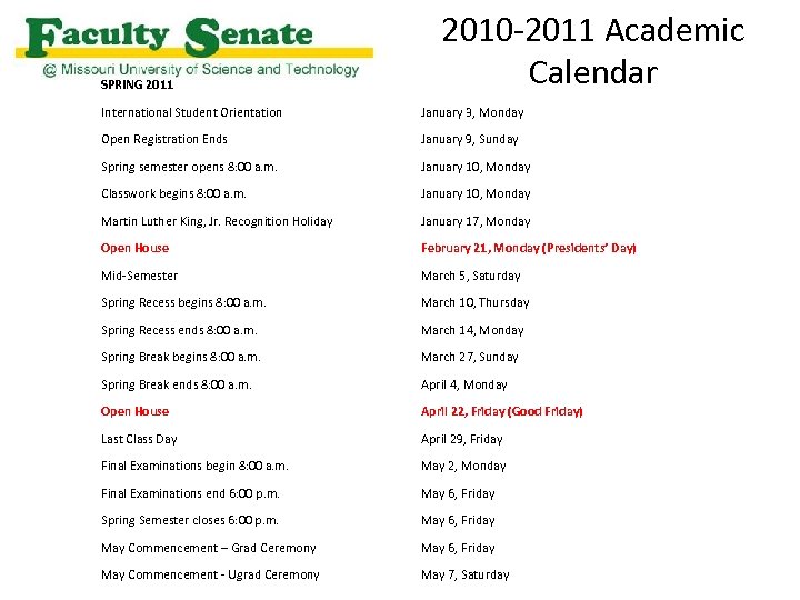 SPRING 2011 2010 -2011 Academic Calendar International Student Orientation January 3, Monday Open Registration