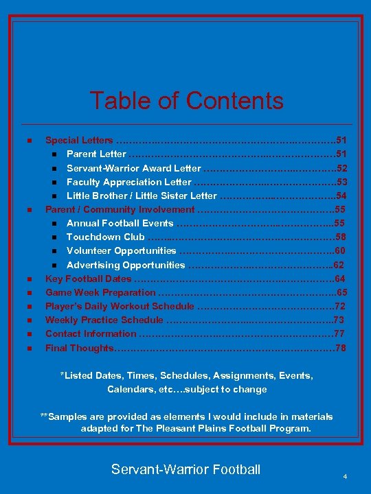 Table of Contents n n n n Special Letters …………………. 51 n Parent Letter