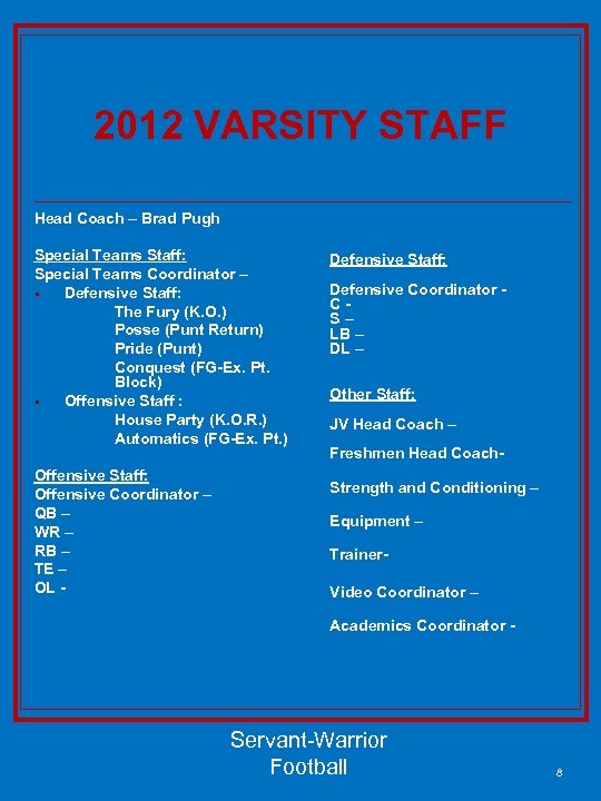 2012 VARSITY STAFF Head Coach – Brad Pugh Special Teams Staff: Special Teams Coordinator