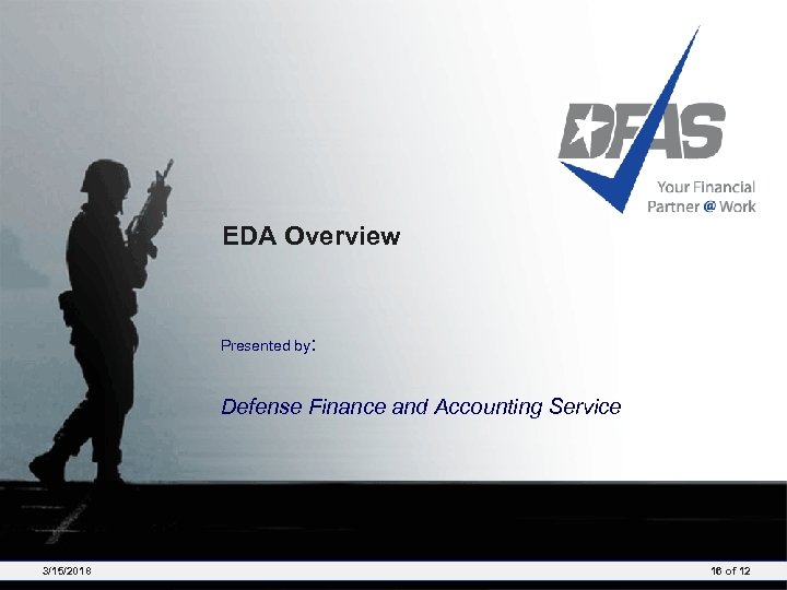 EDA Overview Presented by: Defense Finance and Accounting Service 3/15/2018 16 of 12 
