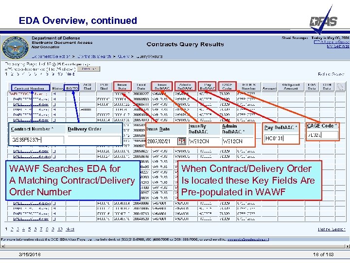 EDA Overview, continued WAWF Searches EDA for A Matching Contract/Delivery Order Number 3/15/2018 When