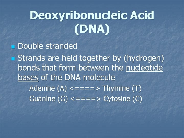 Deoxyribonucleic Acid (DNA) n n Double stranded Strands are held together by (hydrogen) bonds