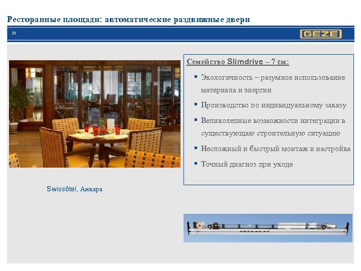 Ресторанные площади: автоматические раздвижные двери 31 Семейство Slimdrive – 7 см: § Экологичность –