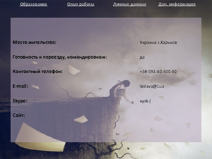 Образование Опыт работы Личные данные Доп. информация Место жительства: Украина г. Харьков Готовность к