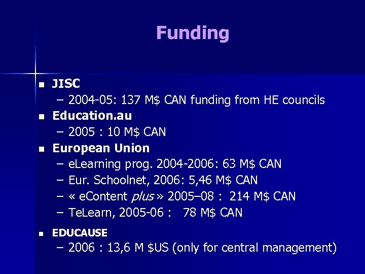 Funding n JISC – 2004 -05: 137 M$ CAN funding from HE councils Education.