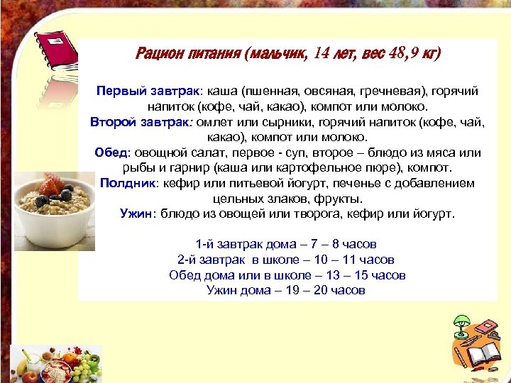 Рацион питания (мальчик, 14 лет, вес 48, 9 кг) Первый завтрак: каша (пшенная, овсяная,