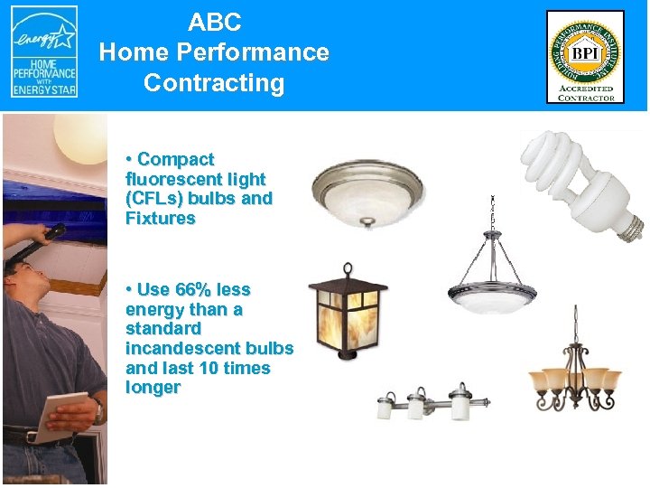 ABC Home Performance Contracting • Compact fluorescent light (CFLs) bulbs and Fixtures • Use