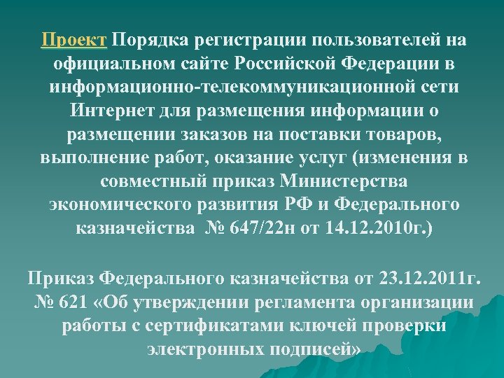 Проект Порядка регистрации пользователей на официальном сайте Российской Федерации в информационно-телекоммуникационной сети Интернет для