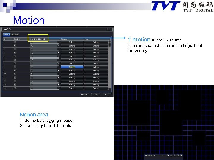 Motion 1 motion = 5 to 120 Secs Different channel, different settings, to fit