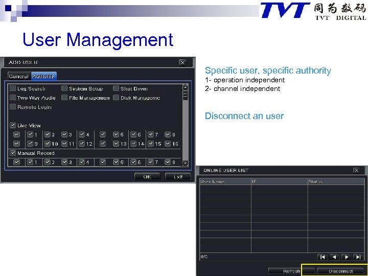 User Management Specific user, specific authority 1 - operation independent 2 - channel independent