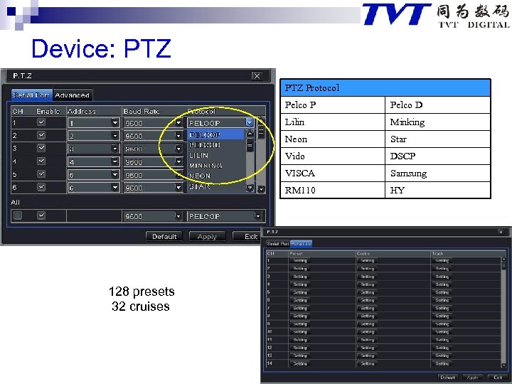 Device: PTZ Protocol Pelco P Lilin Minking Neon Star Vido DSCP VISCA Samsung RM
