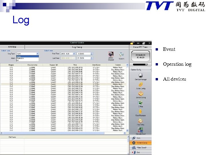 Log n Event n Operation log n All devices 
