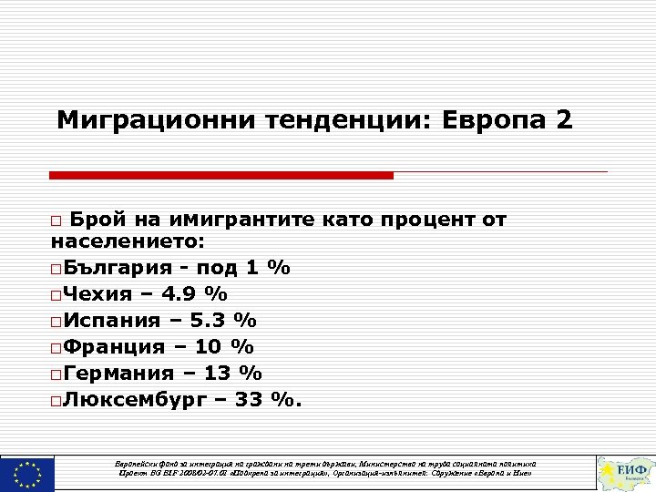 Миграционни тенденции: Европа 2 o Брой на имигрантите като процент от населението: o. България