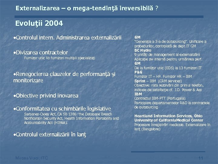 Externalizarea – o mega-tendinţă ireversibilă ? Evoluţii 2004 ·Controlul intern. Administrarea externalizării ·Divizarea contractelor