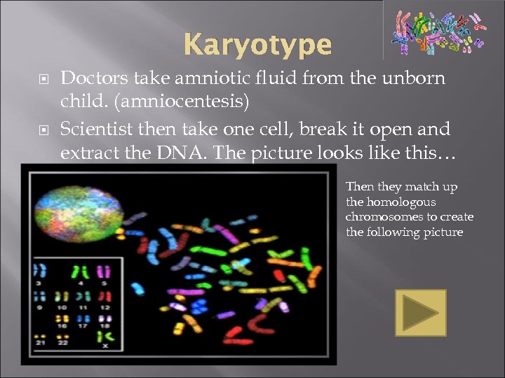 Karyotype Doctors take amniotic fluid from the unborn child. (amniocentesis) Scientist then take one