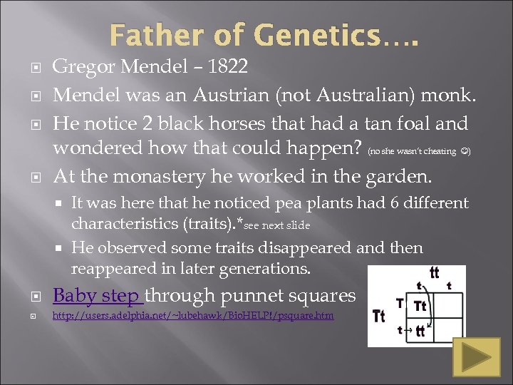 Father of Genetics…. Gregor Mendel – 1822 Mendel was an Austrian (not Australian) monk.