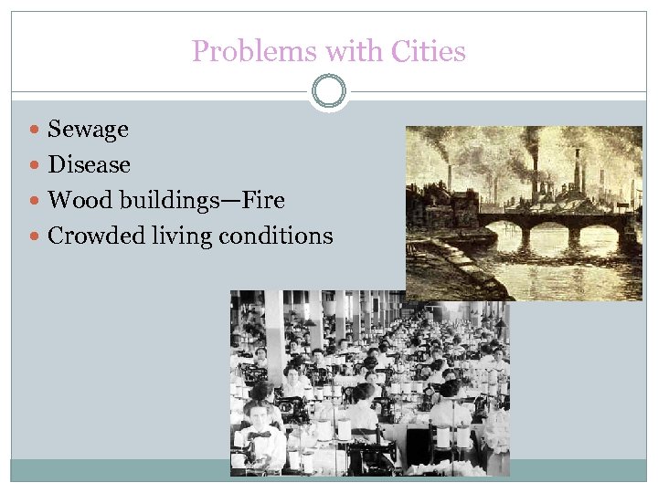 Problems with Cities Sewage Disease Wood buildings—Fire Crowded living conditions 