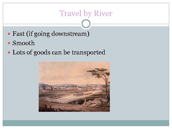 Travel by River Fast (if going downstream) Smooth Lots of goods can be transported