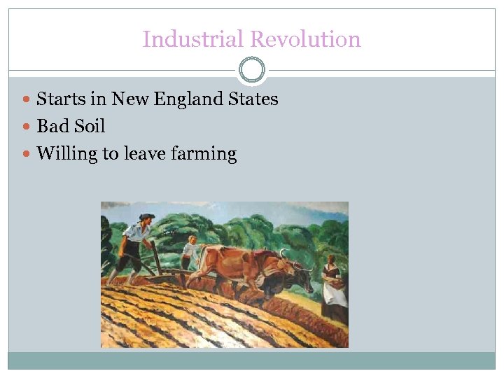 Industrial Revolution Starts in New England States Bad Soil Willing to leave farming 