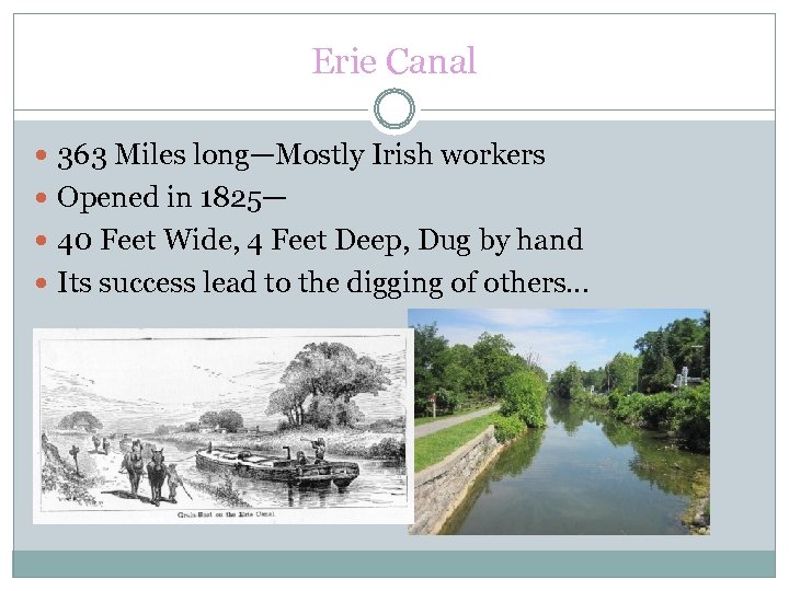 Erie Canal 363 Miles long—Mostly Irish workers Opened in 1825— 40 Feet Wide, 4