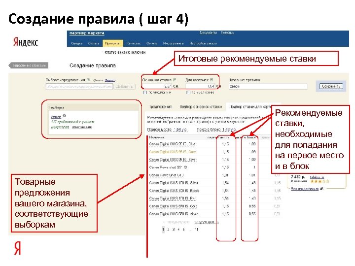 Создание правила ( шаг 4) Итоговые рекомендуемые ставки Рекомендуемые ставки, необходимые для попадания на