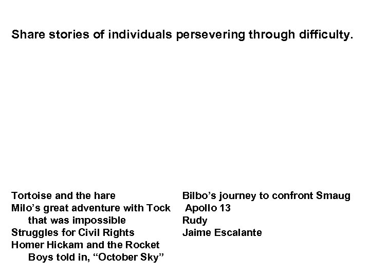 Share stories of individuals persevering through difficulty. Tortoise and the hare Bilbo’s journey to