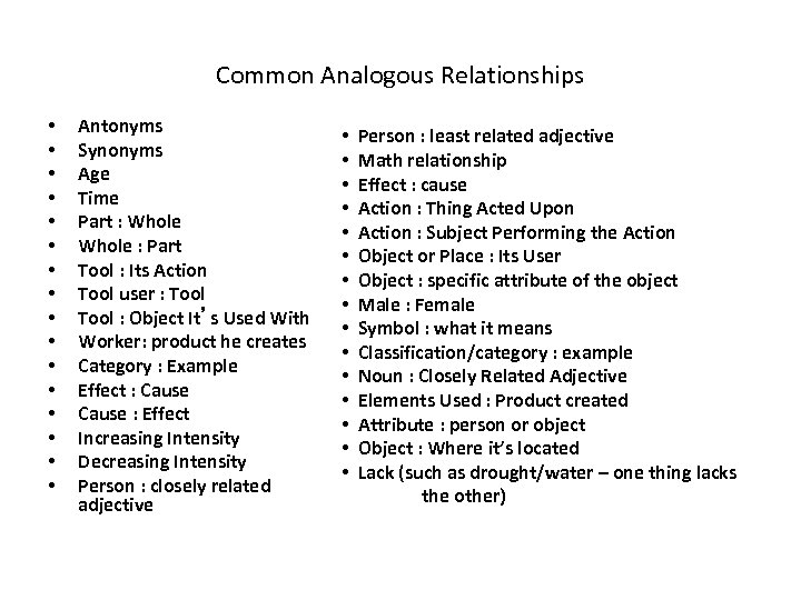 Common Analogous Relationships • • • • Antonyms Synonyms Age Time Part : Whole