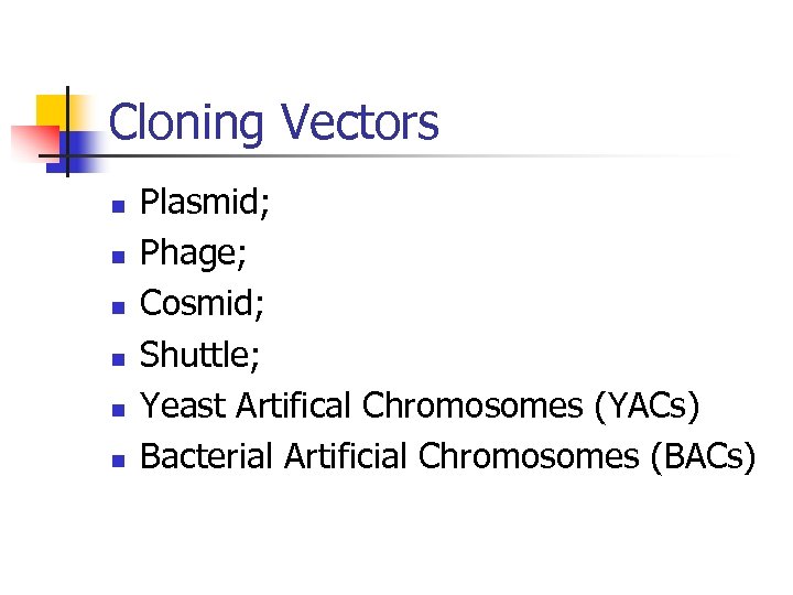 Cloning Vectors n n n Plasmid; Phage; Cosmid; Shuttle; Yeast Artifical Chromosomes (YACs) Bacterial